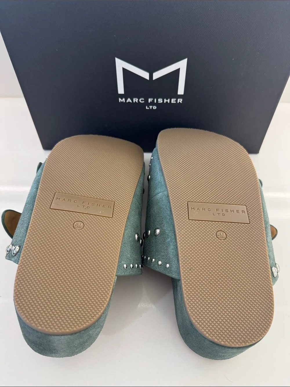 Marc Fisher Forest Green Double-Buckle Stud Slide Mules